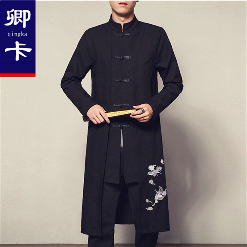 秋季中国风男士风衣中式长衫长袍棉麻民国大褂外套唐装民族风男装