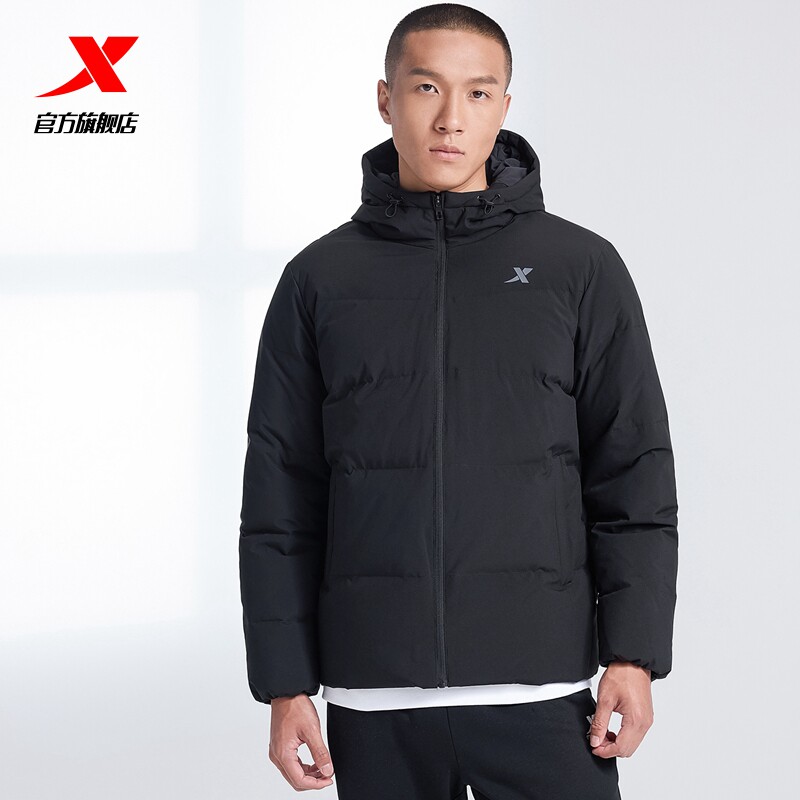 特步新款鸭绒夹克连帽羽绒服男