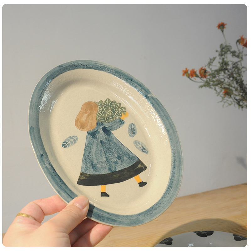景德镇陶瓷手绘人物椭圆圆盘鱼盘田园复古女孩图案点心盘