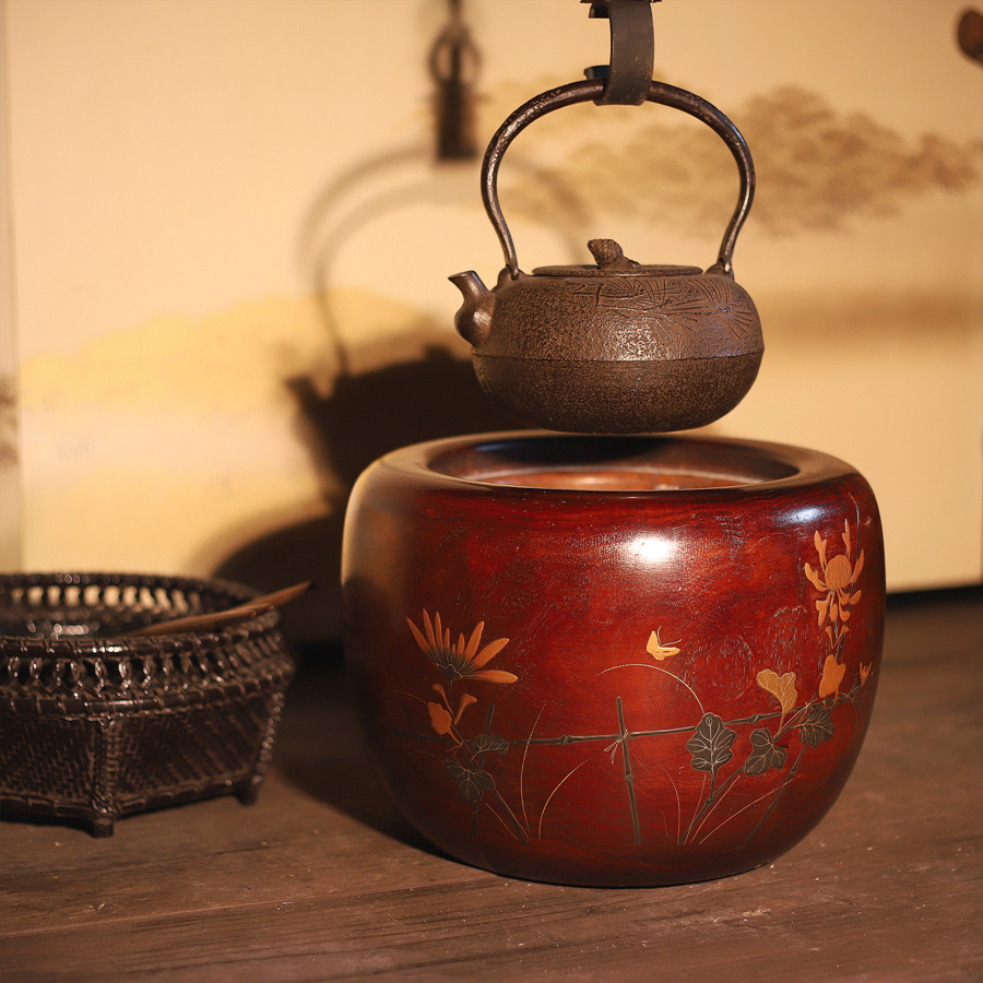 火钵器满日本回流圆木古美莳绘桐木茶道