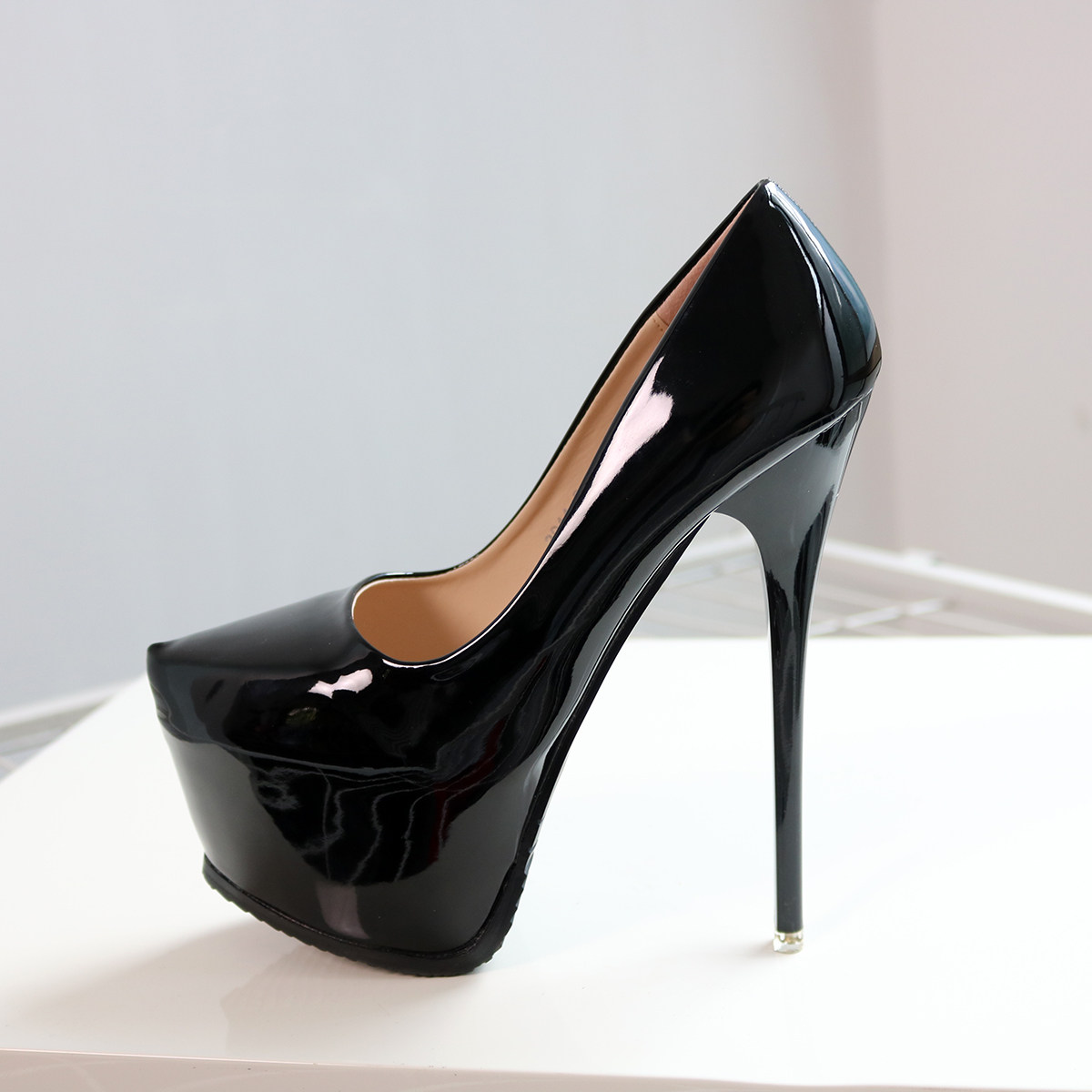 黑色漆皮超高高跟鞋女单浅口细跟尖头防水性感单鞋