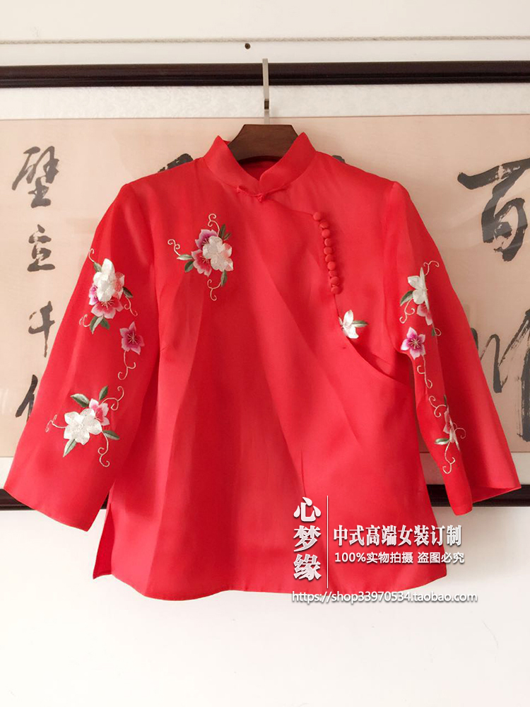 上衣明星手工绣花偏襟立领直扣中式上衣