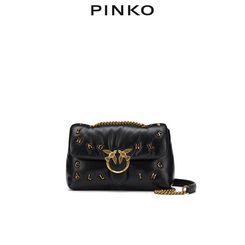 pinko女包单肩斜挎徽章装饰羊皮puff飞鸟包燕子通用款女包