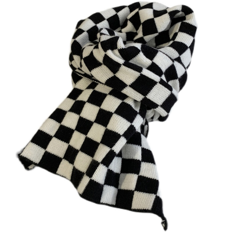 小众棋盘棋盘格格子围巾秋冬季针织毛线黑白格纹围巾