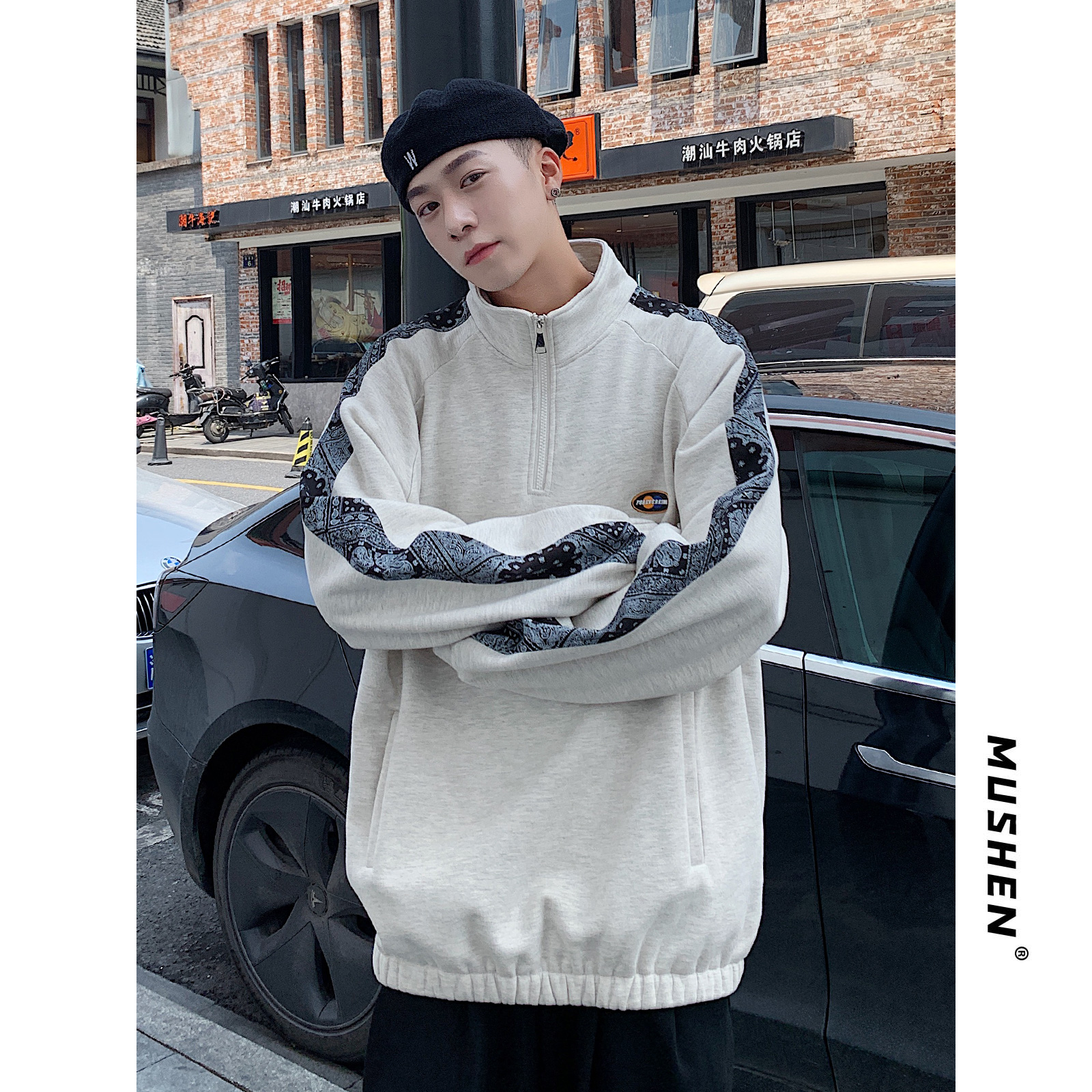 半拉链卫衣男港风ins潮高领外套加绒春秋款宽松百搭秋冬无帽上衣