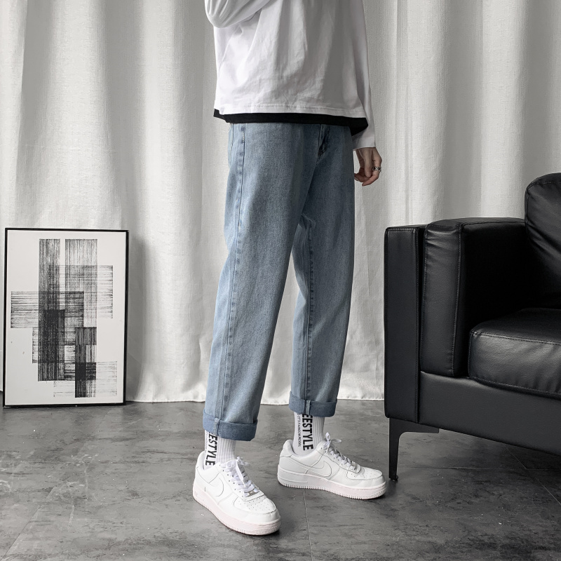 日系古着浅色牛仔裤男生宽松复古裤子百搭韩版潮流休闲修身九分裤