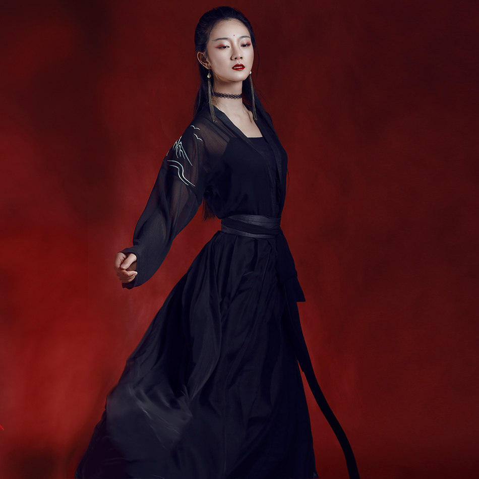 如梦霓裳汉服日常夏装女对襟齐腰襦裙[青云志]黑红中国风公主套装