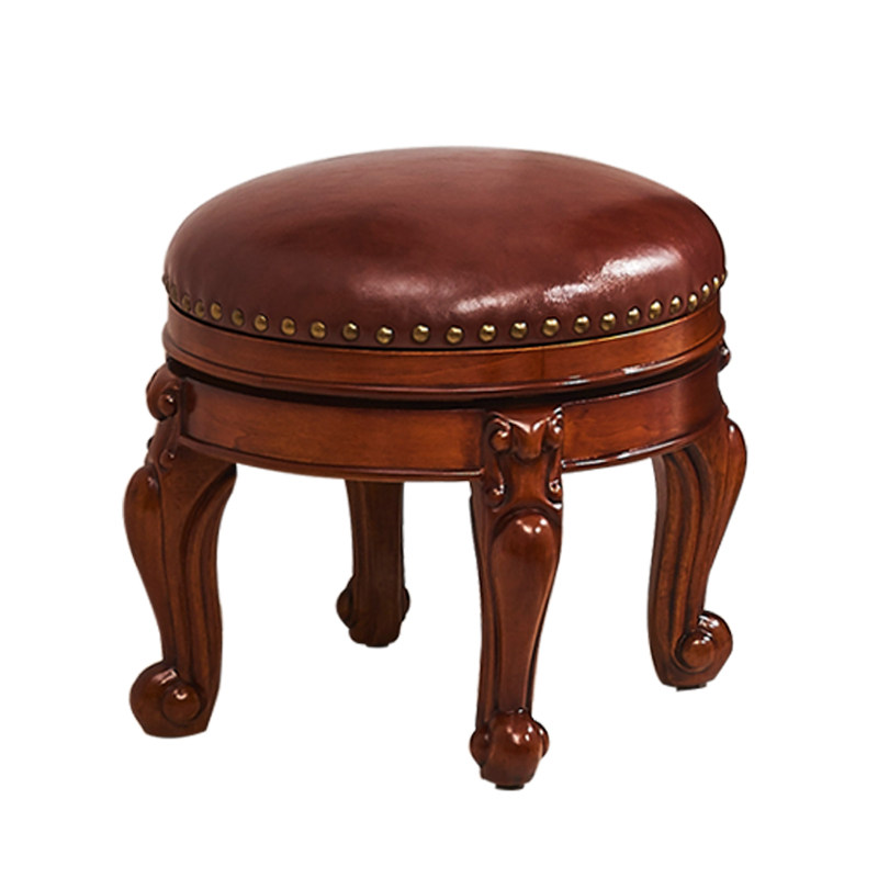 美式实木圆墩凳真皮儿童凳家用小矮凳客厅旋转茶几凳欧式换鞋凳子