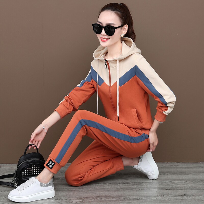 休闲运动服套装女春秋季2021新款时尚洋气拼色卫衣带帽女品牌1107
