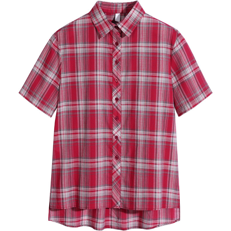 全棉格子衬衫女夏新款纯棉复古短袖宽松薄款衬衫