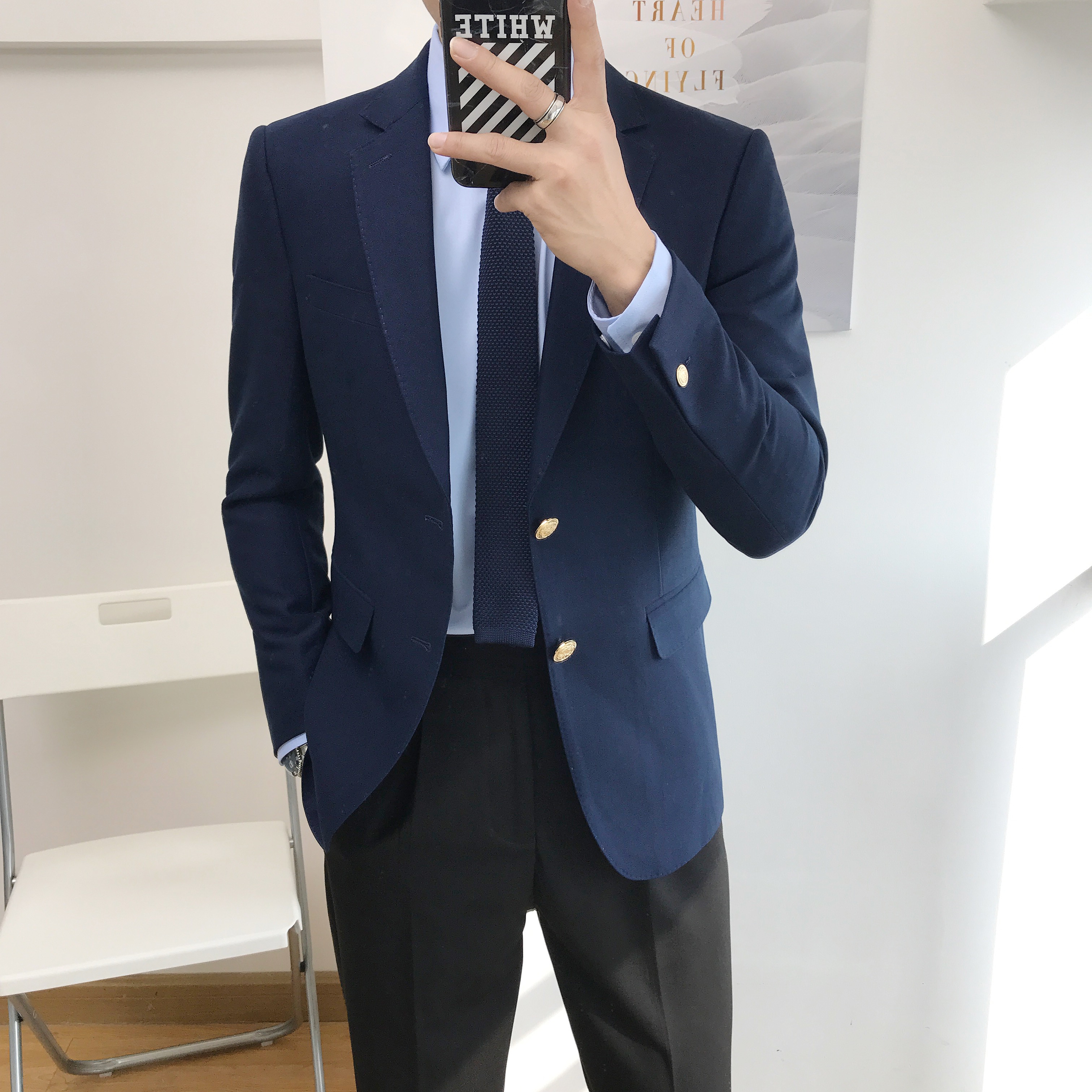 男士高端小西装春秋新款商务正装宝蓝色西服金扣单排扣西装套装男