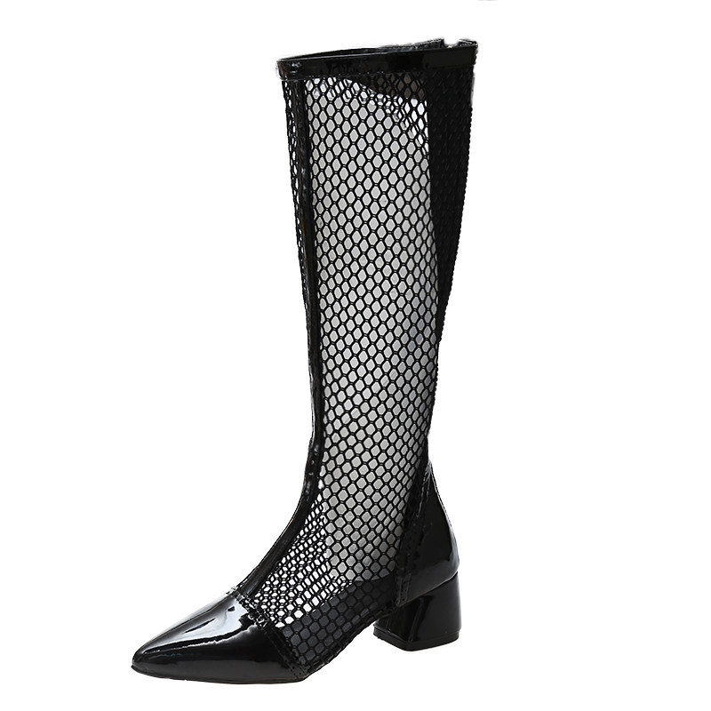 靴子镂空长筒高长筒凉靴网纱网靴子女高跟尖头时装靴
