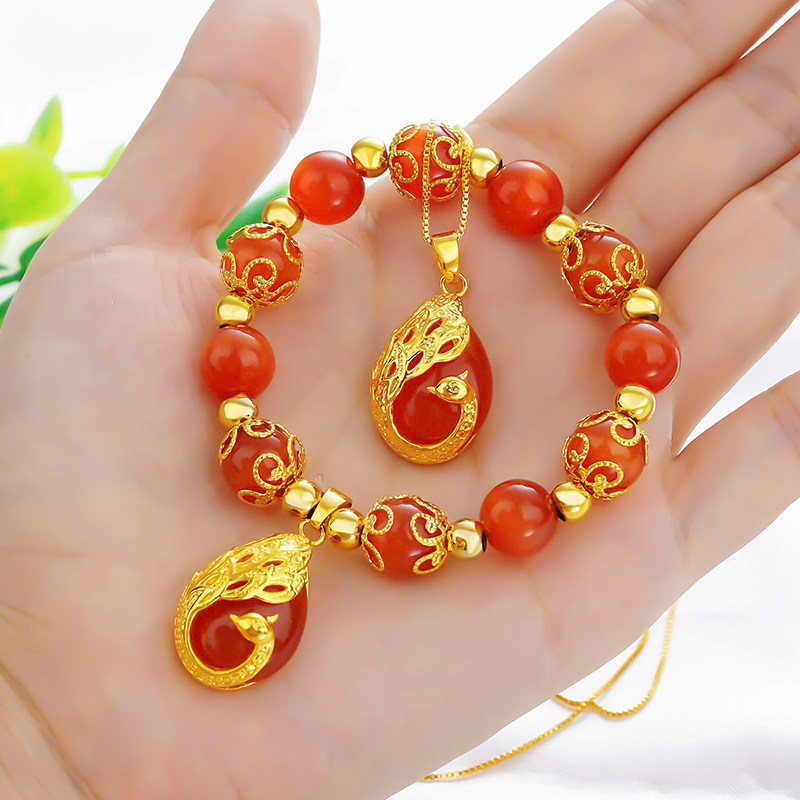 仿真黄金套装红绿玛瑙貔貅手串转运招财女士手链