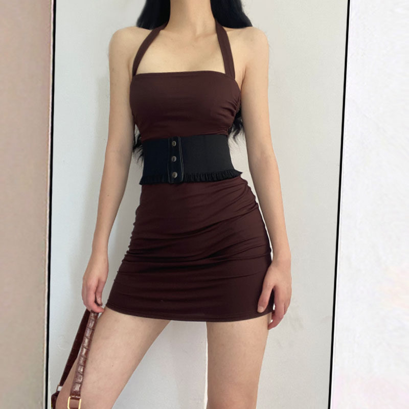 千禧辣妹紧身性感收腰显瘦包臀连衣裙女无袖挂脖吊带褶皱短裙夏季