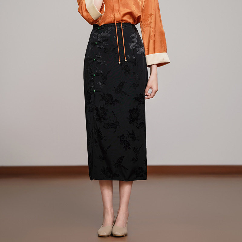秋季民族包臀黑色通勤风中民族风长裙旗袍开叉半身裙