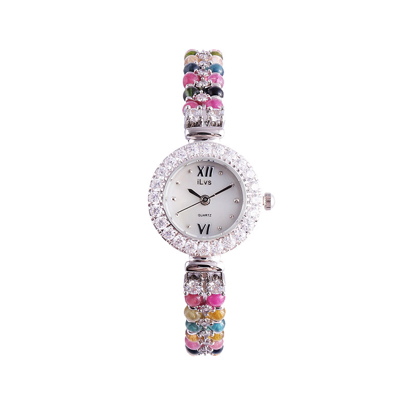 女式手链碧玺手串水晶镶锆石英防水贝母表盘国产腕表