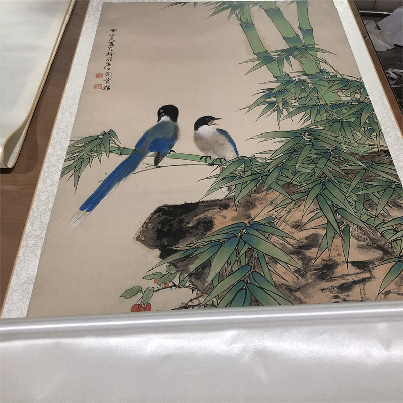 田世光工笔微喷装饰画竖幅国画竹子花鸟近代双寿国画