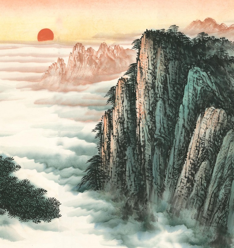 迎客松旭日东升山水画国画大堂客厅巨幅挂画微喷复制国画