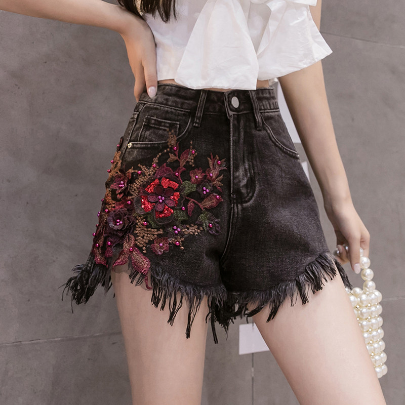 牛仔短裤女夏2021新款韩版高腰显瘦重工刺绣牛仔裤