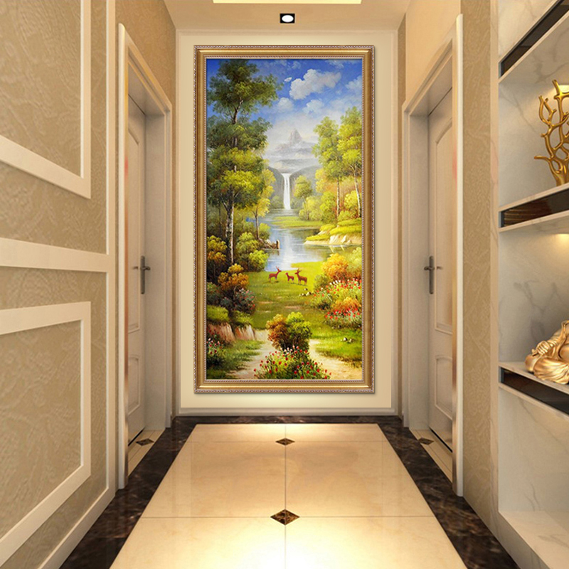 手绘聚宝盆入户玄关画欧式山水风景油画过道竖版走廊别墅装饰挂画