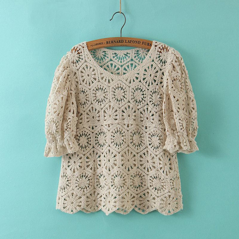 蕾丝短袖气质上衣镂空钩花毛线针织小衫显瘦蕾丝衫