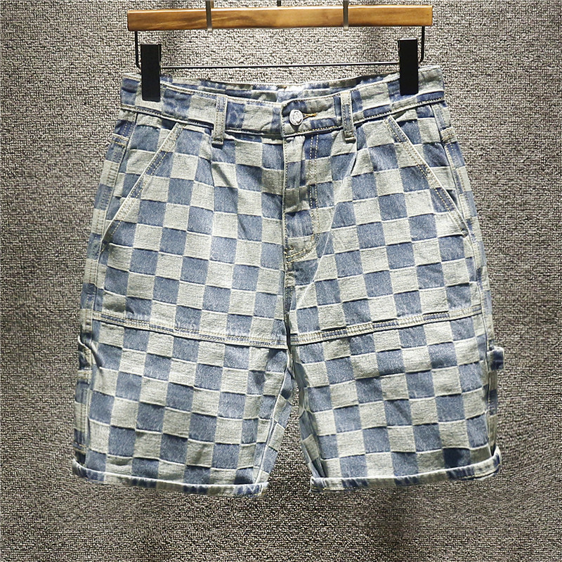 格子牛仔短裤男夏季宽松直筒时尚口袋工装裤大码裤五分裤百搭潮牌