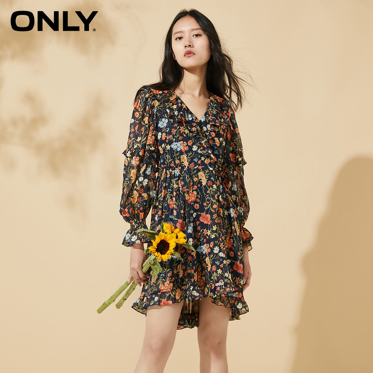 only夏季新款碎花图案计收气质版型雪纺连衣裙连衣裙