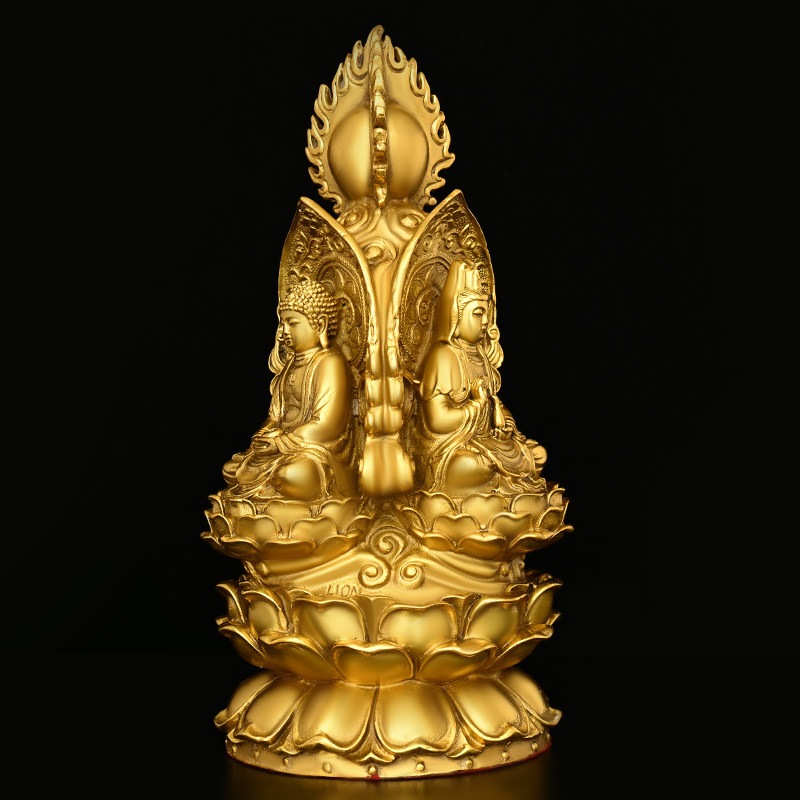 纯铜三面佛摆件释迦摩尼地藏王观音菩萨佛堂供养佛像大号三面圣佛