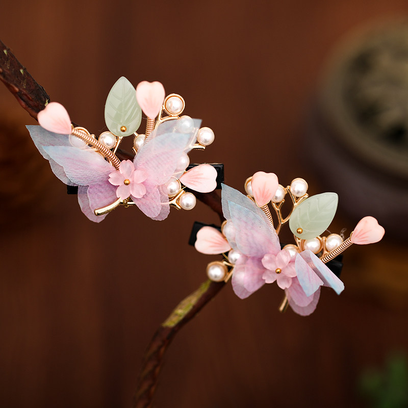 儿童汉服头饰古装超仙粉色蝴蝶女童古风发夹发饰