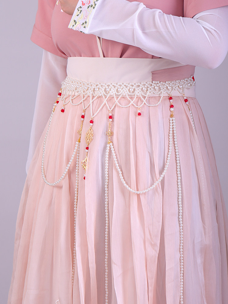 原创汉服腰链长流苏珍珠唐风坦领齐胸腰襦裙配饰国风饰品珍珠腰链