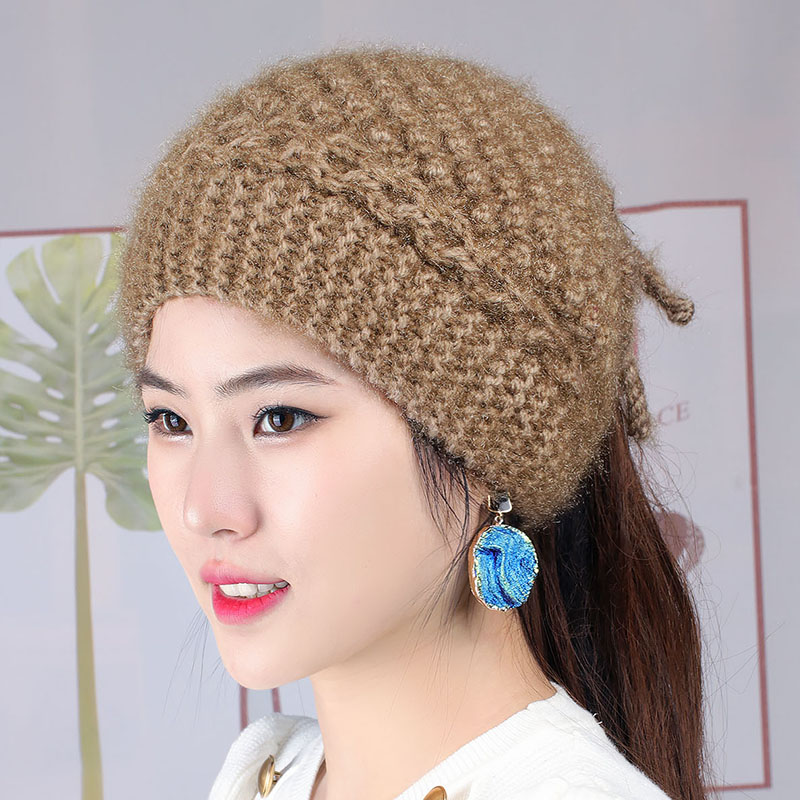 手工编织针织毛线帽女优雅包头马尾护耳加绒帽子