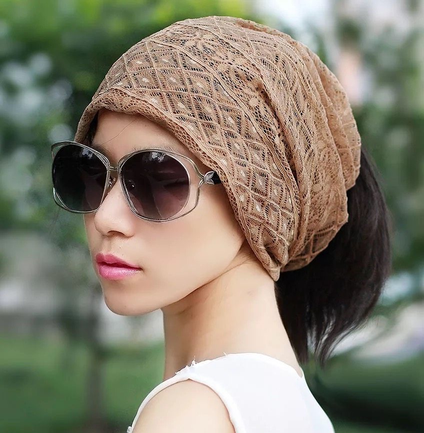 空调帽子子女春夏亲肤头巾蕾丝时尚透气镂空帽子