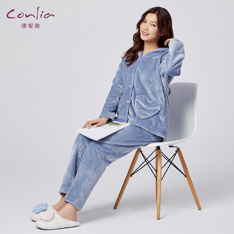 康妮雅秋冬珊瑚绒女士家居服开衫连帽睡衣加厚保暖套装可外穿可爱 –