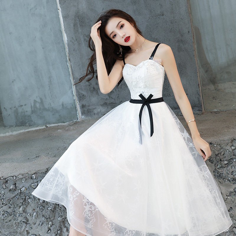 白色吊带晚礼服平时可穿宴会气质小个子仙气名媛礼服