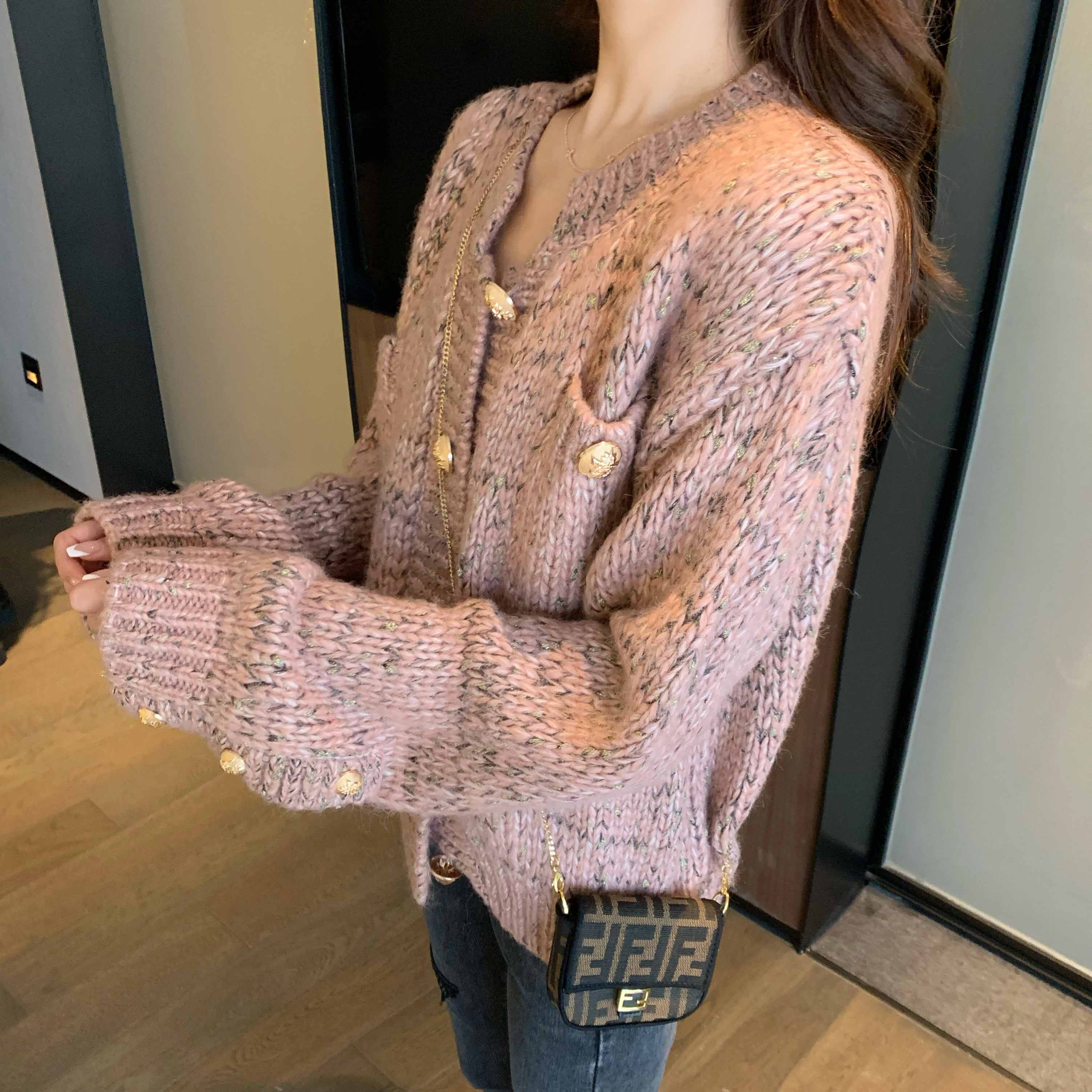 2021年新款女士春秋季粉色针织衫爆款开衫毛衣小香风上衣女装外套