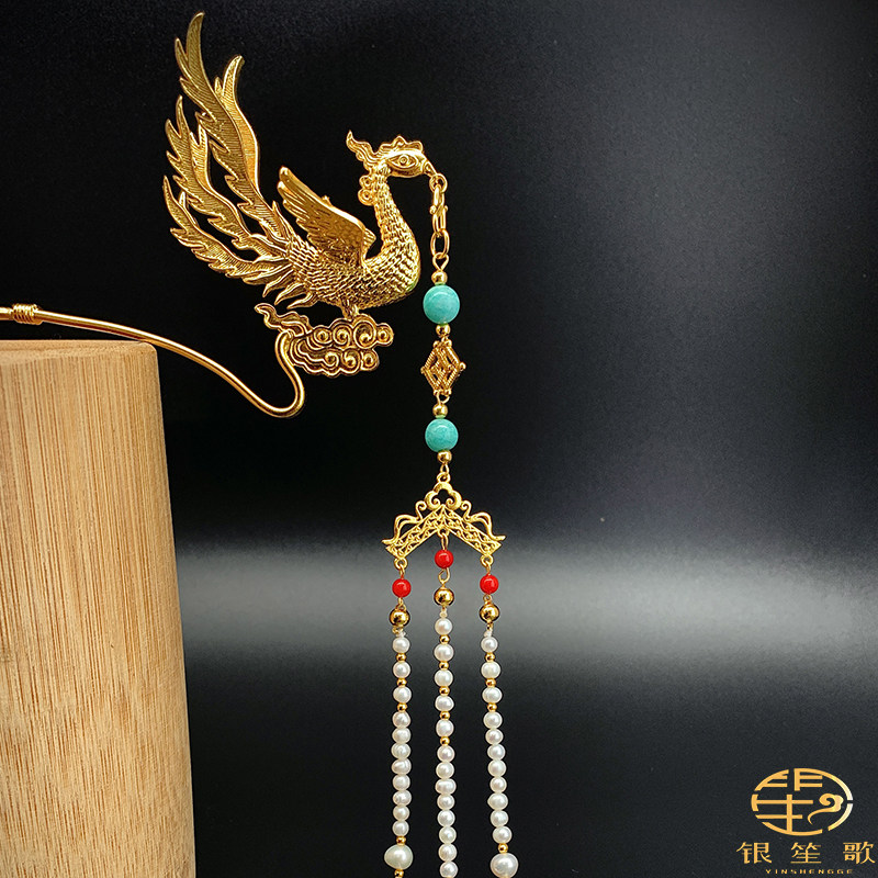 明制狄髻头面立体古风发簪凤凰步摇镀金挑牌发饰