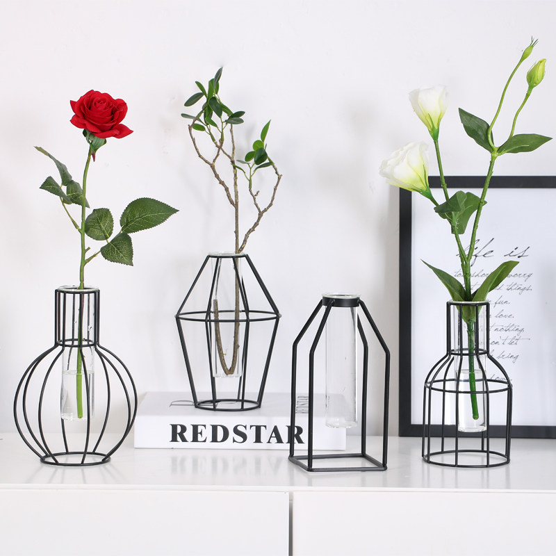 简约北欧风几何铁艺玻璃花瓶摆件客厅干花插花创意餐桌装饰品花器