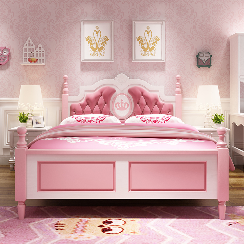 儿童童床女孩实木单人床粉色公主15米少女小孩家具儿童床