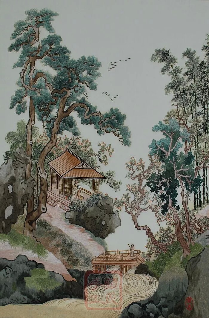 山水顾氏手工苏绣竖条系列刺绣挂画苏绣