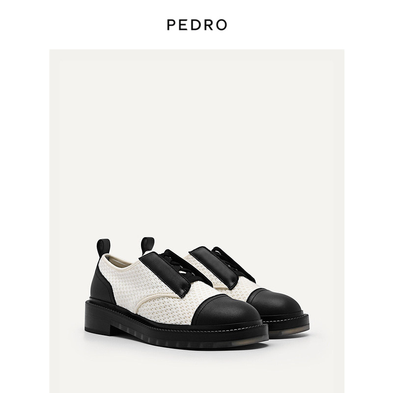 pedro小圆头单鞋秋季新款女鞋牛皮拼接系带乐福单鞋