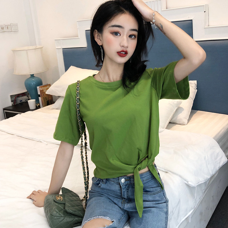 宽松上衣露脐牛油果绿恤女短袖下摆打结短款t恤