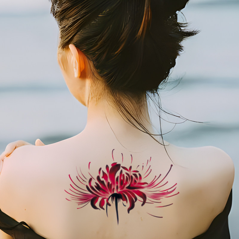 彼岸花纹身后背脊柱英文红色图案肚皮腰腹防水身体彩妆