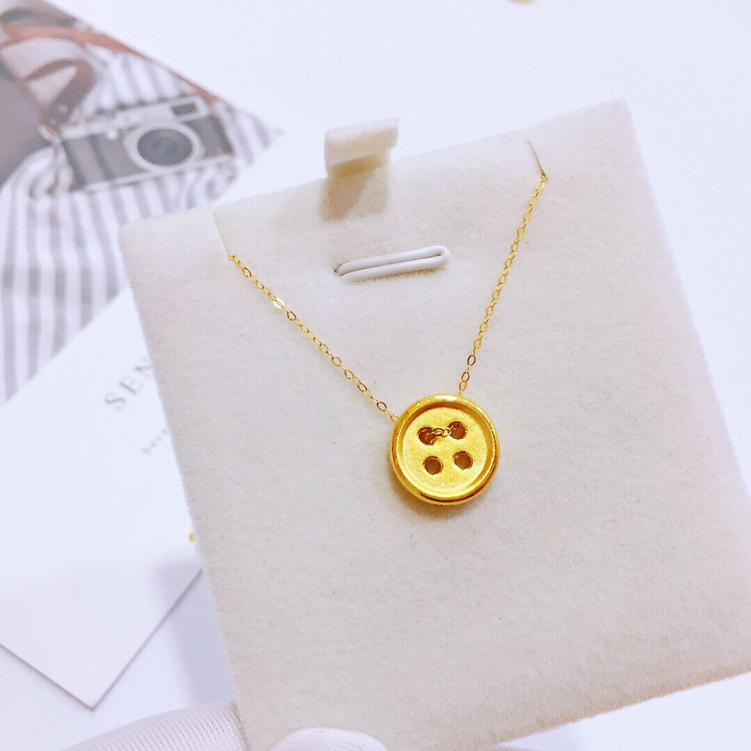 黄金足金纯金金纽扣吊坠3d金时尚套链项链细款颈饰