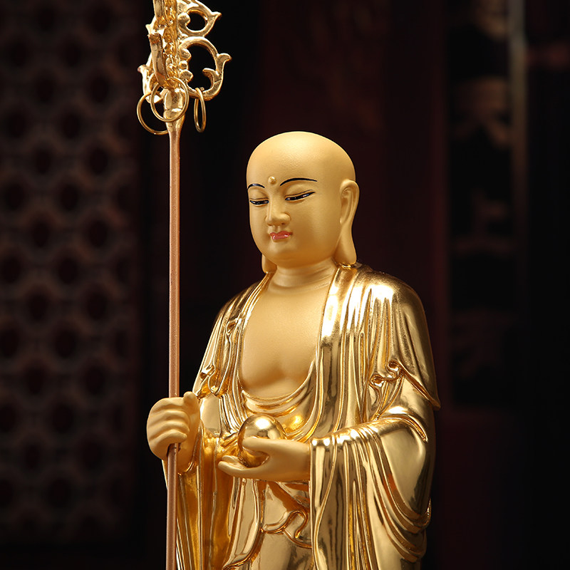 秦歌纯铜地藏王贴金地藏站像神像纯铜贴金九华山地藏佛像供奉摆件