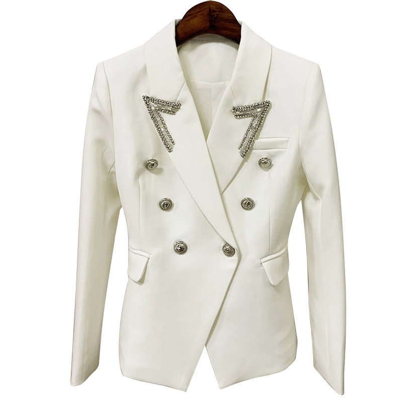 2022新款法式白色西服钉珠镶钻狮子双排西装西装