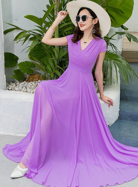 雪纺香芋紫色显白气质显瘦显高长裙