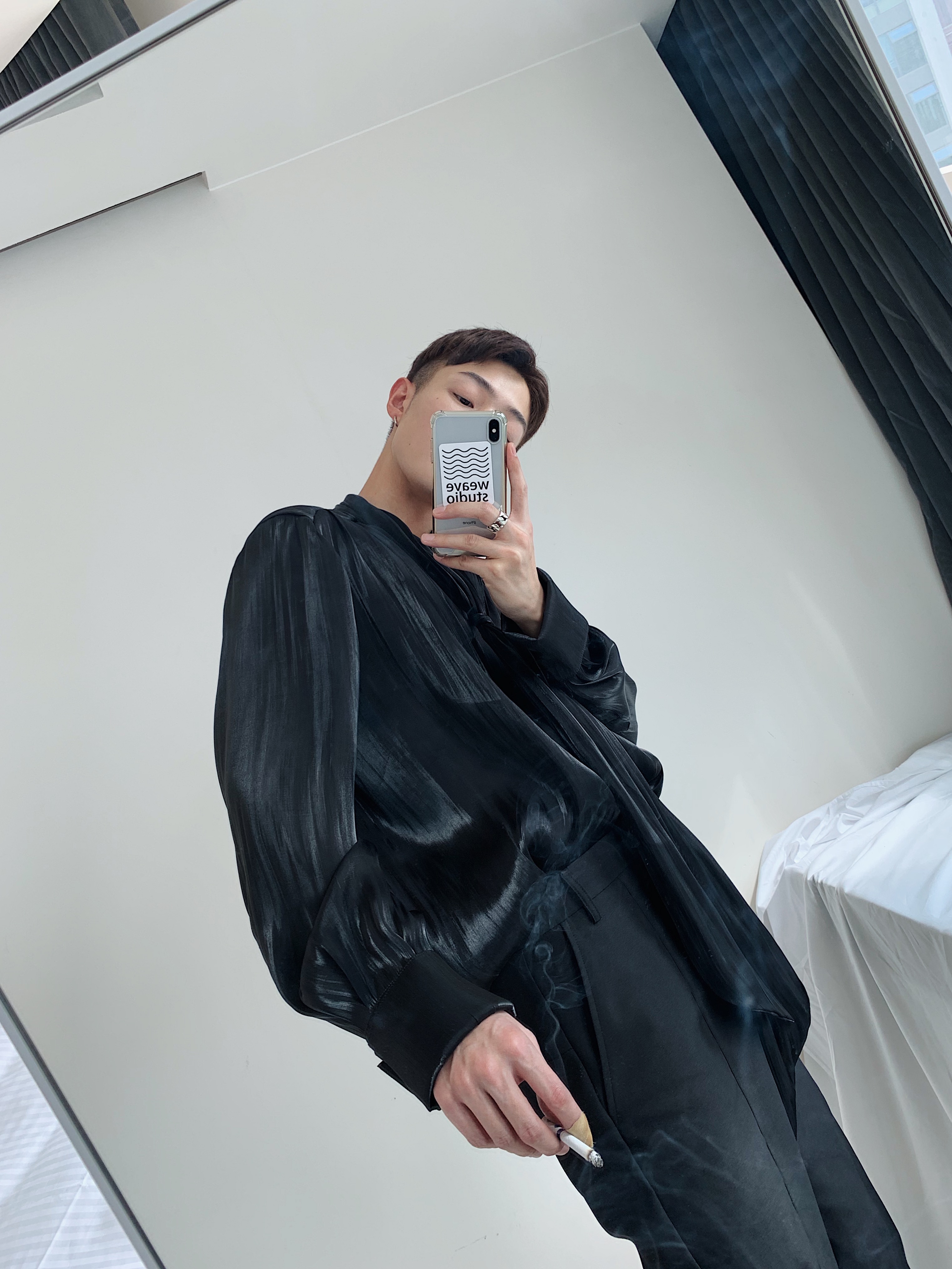 weave studio 20新款重磅重工黑色高级定制褶皱面料飘带丝质衬衫