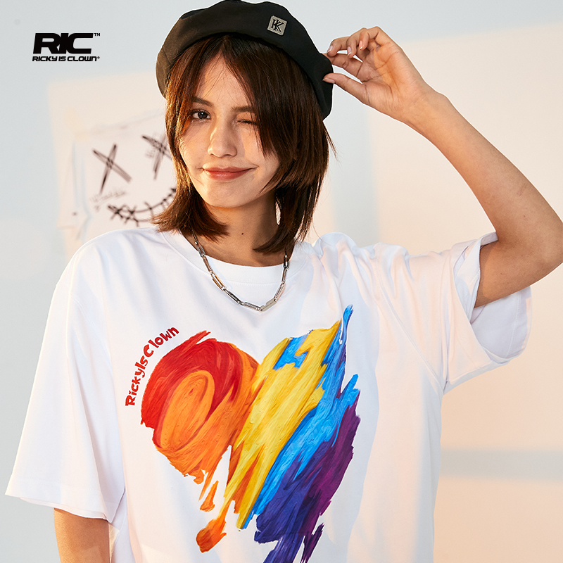 RickyisClown JOKE RiC小丑油画涂鸦彩虹爱心短袖t恤男国潮情侣装