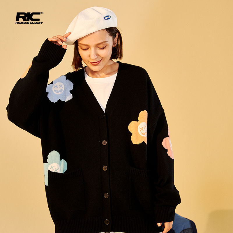 RickyisClown JOKE RiC小丑笑脸小花针织开衫毛衣外套情侣装毛衫