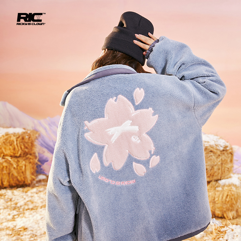 RickyIsClownX RichBear樱花小熊国潮牌羊羔绒外套男情侣装羊羔毛